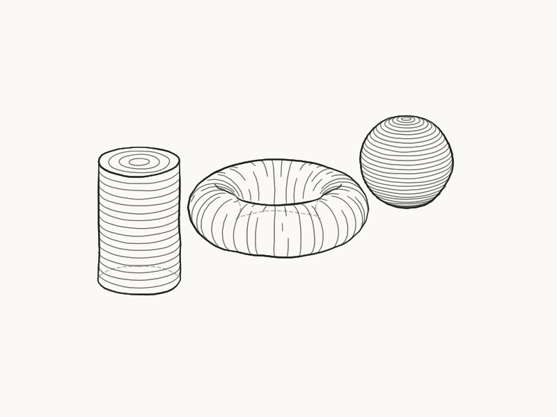 A camera orbit of a mixed scene — the hand-drawn lines stay calm, no boiling