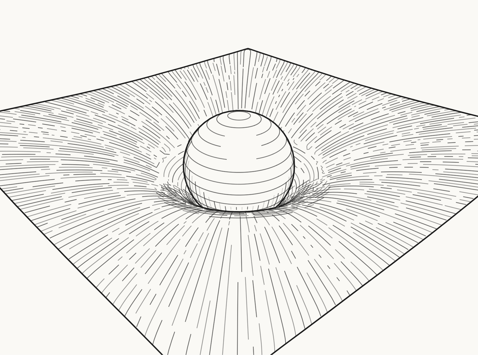 A sphere resting in a gravity well, the sheet's hatching flowing into the dent